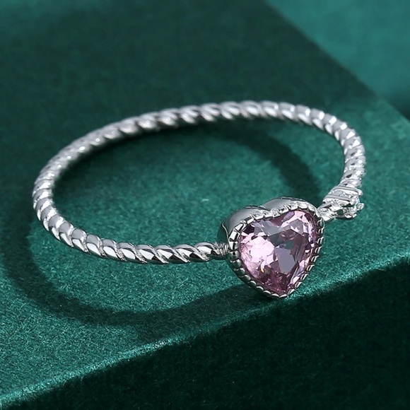 Pink Love Heart Premium Zircon 925 Sterling Silver Cross Band Rings - Picture 6 of 15